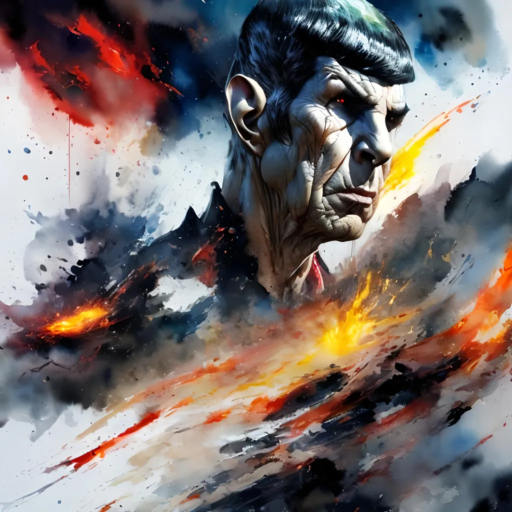 Prompt: 1 spock, firestorm, fire hydras, detailed face, fantasy, ink strokes, explosions, over exposure, tone impression , abstract, (watercolor painting by John Berkey and Jeremy Mann ) brush strokes, negative space,