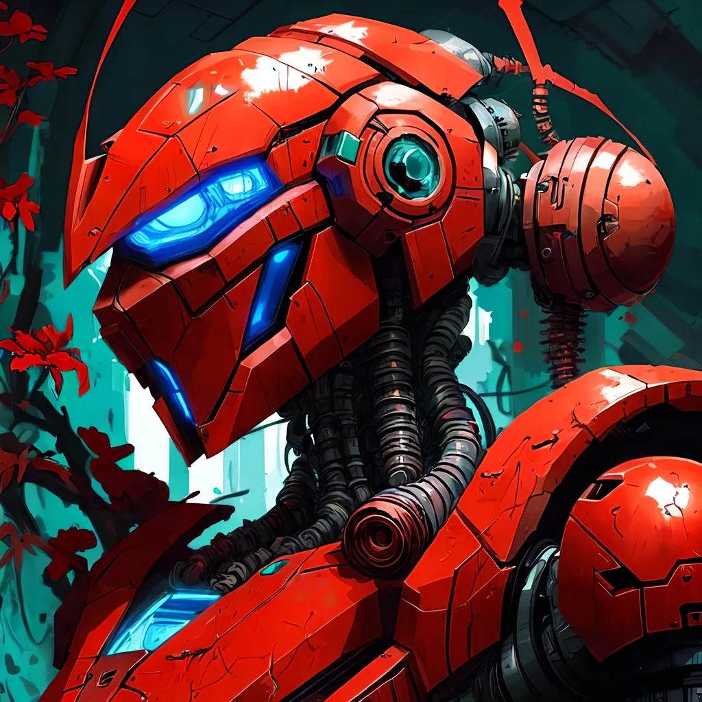 Prompt: cartoon red locust robot , cyberpunk tones, cyberpunk colors, mechanical environnement with vines, flowers and vegetation
