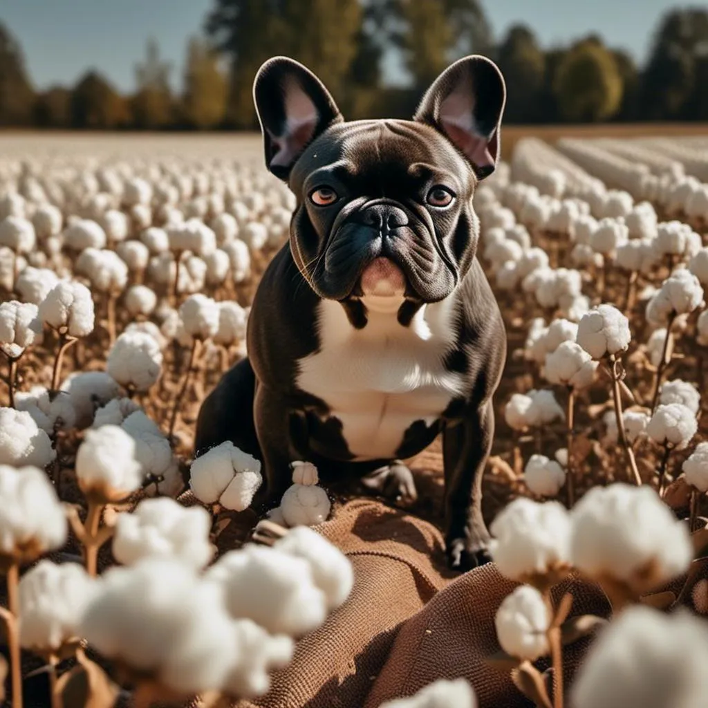 Prompt: <mymodel>French Bulldog picking cotton during slavery.