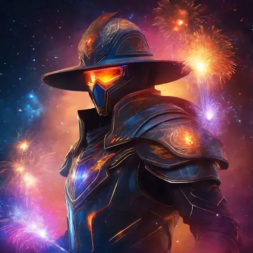 Prompt: Futuristic battle mage with faceless visor and fire magic, astral sorcerer, fireworks background, highres, futuristic, detailed visor, mystical, intense fire effects, cosmic colors, sorcery, magical, futuristic lighting