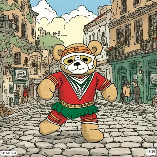 Prompt: a teddy bear dressed as a mexican masked wrestler, he is surrounded by an old cobblestone city background.
<mymodel>