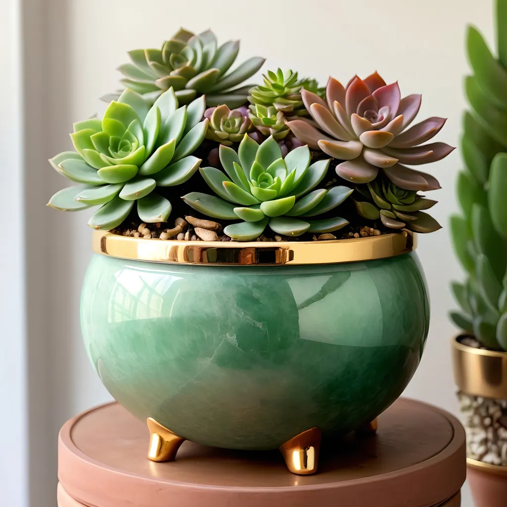 Prompt: giant jade and gold pot with succulents inside.