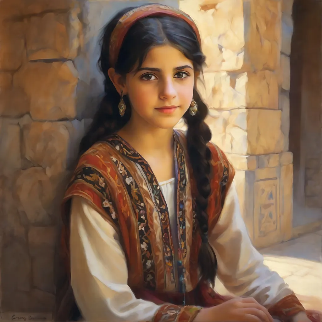 Prompt: A 13 years old Syrian girl, pale skin, black hair, pigtails, brown eyes, traditional Syrian dress, Old Damascus, photorealistic, extremely detailed painting by Greg Rutkowski by Steve Henderson