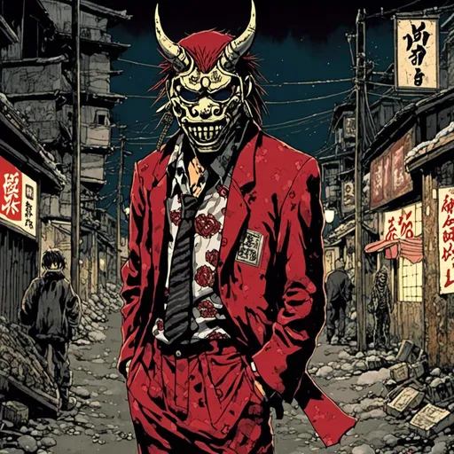 Prompt: young male yakuza member,  japanese oni mask, crimson suit, nighttime setting, urban background, in <mymodel> style