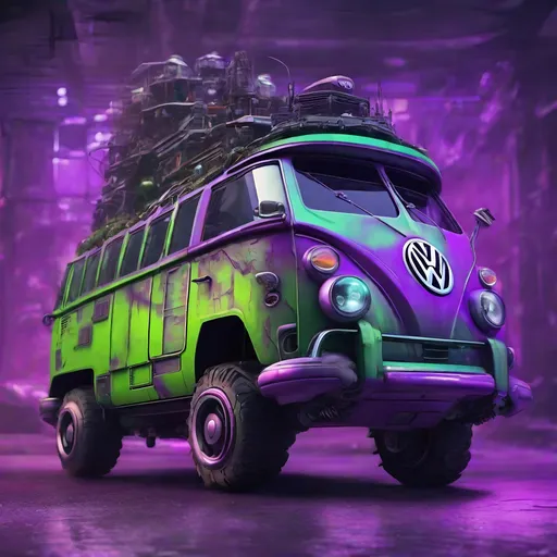 Prompt: Futuristic Volkswagen mini bus transformer in a dystopian future. Make it green. Add neon lights and antennas to the mini bus. Add turrets and cannons.  Purple mist surrounds it.