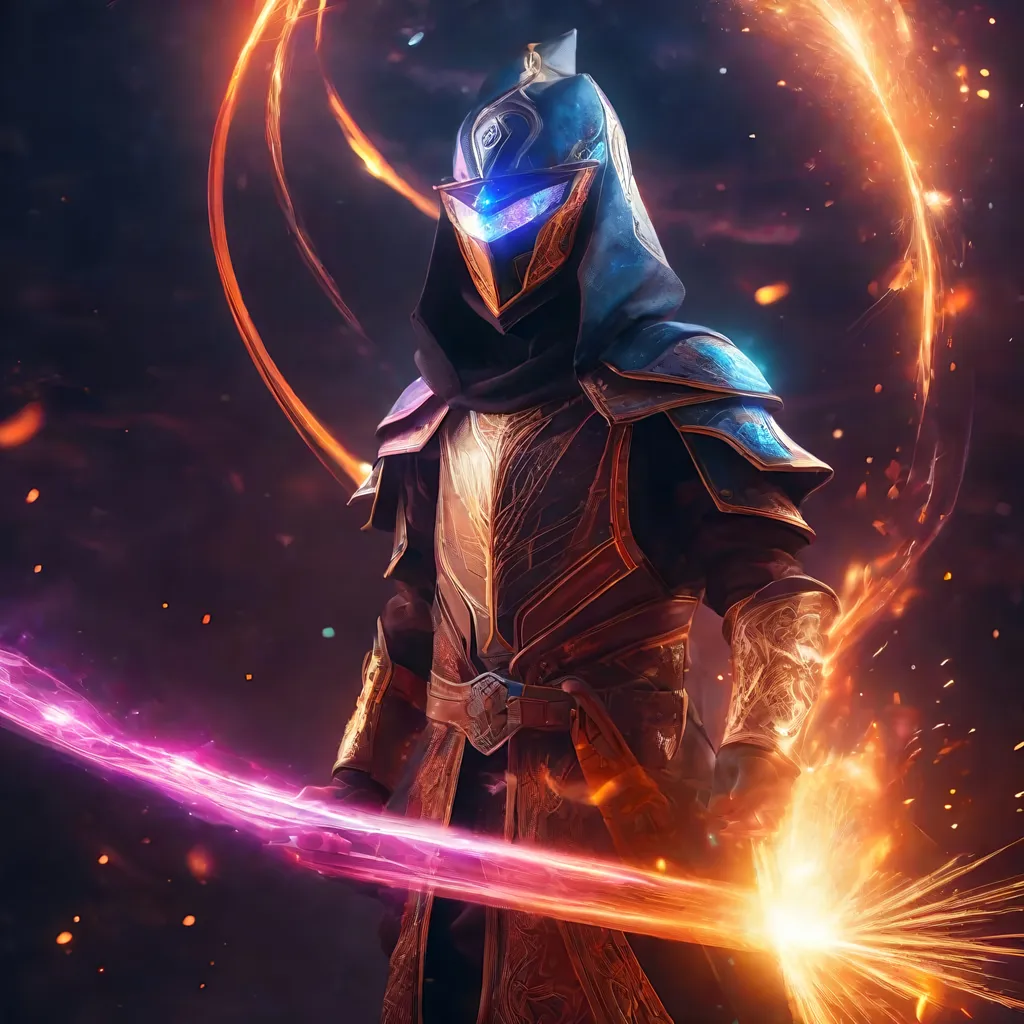 Prompt: Futuristic battle mage with faceless visor and fire magic, astral sorcerer, fireworks background, highres, futuristic, detailed visor, mystical, intense fire effects, cosmic colors, sorcery, magical, futuristic lighting