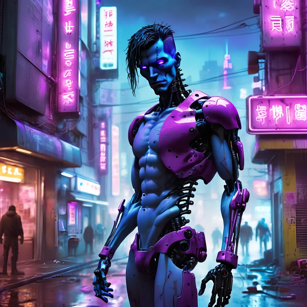 Prompt: Cyberpunk Frankenstein with technological modifications, futuristic setting, high-tech enhancements, neon-lit cityscape, detailed robotic limbs, intense and haunting gaze, electric blue and neon purple tones, gritty urban atmosphere, highres, ultra-detailed, cyberpunk, futuristic, detailed robotic limbs, haunting gaze, electric blue tones, neon purple tones, gritty atmosphere, high-tech enhancements