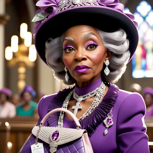 Prompt: Close-up, elderly black woman in church, detailed diamond accessories, purple hat and outfit, diamond-encrusted purse, overflowing with 100 dollar bills, high quality, detailed facial features, church setting, elegant lighting, rich color tones
