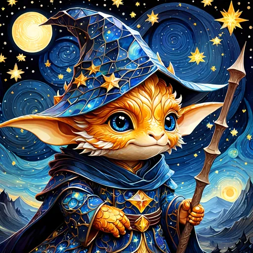 Prompt: an adorable chibi dragonborn wizard, dark starry night, gorgeous eyes, stained glass, fantasy illustration, textured with large visible brush strokes, detailed scales, hypermaximalism, astral patterns, star lit sky, masterpiece, breathtaking intricate details, in the style of Andreas Lie, van Gogh, Hokusai, Luke Gram, Albert Robida, Victo Ngai