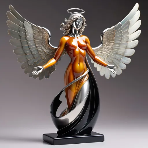 Prompt: Abstract metal tabletop sculpture in the shape of a biblical angel, platinum and onyx, bright solid colored background, high quality, metallic, modern, vibrant colors, detailed textures, professional lighting