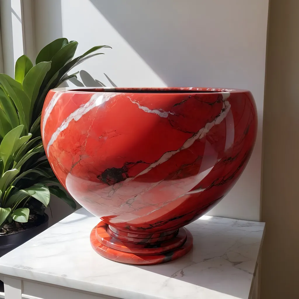 Prompt: Big Red quartz and marble pot.