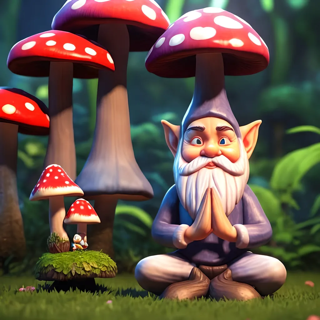 Prompt: a gnome meditating to expand his third eye. He sits criss-cross apple sauce on top of a large mushroom
