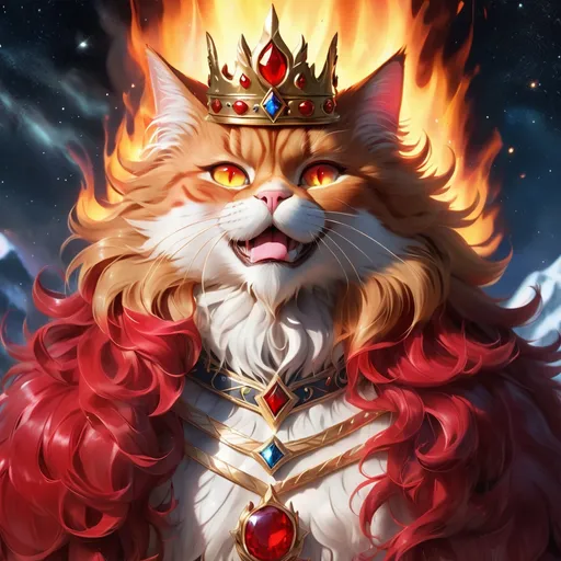 Prompt: warrior king cat with {black fur} and {ruby red eyes}, senior male cat, fire element, wearing crown, flame, Erin Hunter, gorgeous anime portrait, beautiful cartoon, 2d cartoon, beautiful 8k eyes, elegant {red fur}, pronounced scar on chest, fine oil painting, modest, gazing at viewer, beaming red eyes, glistening red fur, low angle view, zoomed out view of character, 64k, hyper detailed, expressive, timid, graceful, beautiful, expansive silky mane, deep starry sky, golden ratio, precise, perfect proportions, vibrant, standing majestically on a tall crystal stone, hyper detailed, complementary colors, UHD, HDR, top quality artwork, beautiful detailed background, unreal 5, artstaion, deviantart, instagram, professional, masterpiece