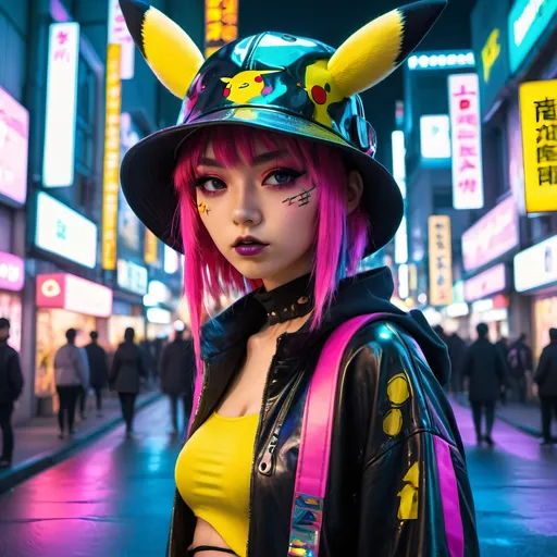 Prompt: Liquid metal Harajuku girl with vibrant colors, a Pikachu hat, futuristic fashion, neon-lit streets, anime, cyberpunk, metallic sheen, colorful hair, edgy makeup, urban setting, highres, vibrant colors, cyberpunk, liquid metal, anime, futuristic, neon-lit streets, vivid and vibrant, metallic sheen, edgy makeup, urban setting, high quality