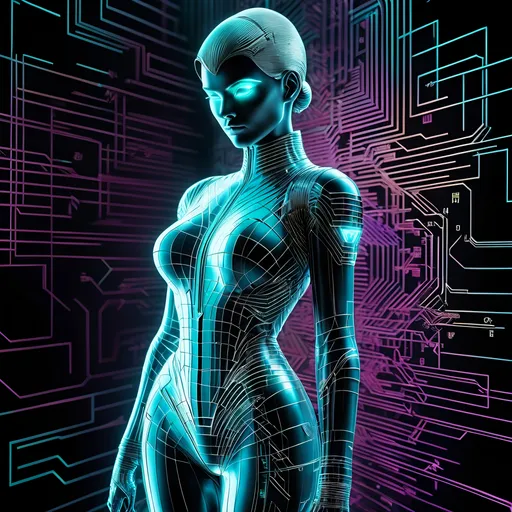 Prompt: wireframe hologram graffiti poster of a ghostkeeper rogue lady in tease pose, trompe l’oeil, glitch fashion, void, deep perspective, depth, circuit board art 