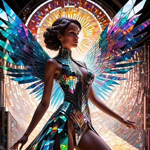 Prompt: A majestic lady, her form ingeniously crafted from a myriad of shattered CDs, standing amidst a garage sale in a prism-punk utopia. This ethereal figure, a mosaic of reflective fragments, exudes an aura of serene omnipotence. The CDs, once symbols of a technological past, now repurposed, give her a radiant, holographic appearance. The surrounding environment is a fusion of vivid colors and geometric shapes, embodying the quintessence of prism-punk aesthetics. Imagine a time-lapse effect at play, where the world around her moves in accelerated motion: people perusing the garage sale blur into swift, fluid movements while she remains a tranquil, unchanging beacon amidst the hustle. Sunlight catches on her fragmented form, casting kaleidoscopic patterns that dance across the utopian landscape. This scene encapsulates ultimate serenity within a dynamic, ever-changing world, symbolizing the timeless grace amidst the relentless passage of time. 