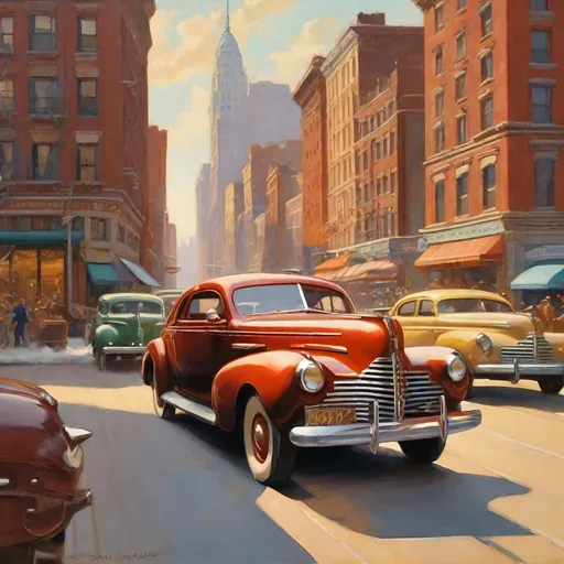 Prompt: 1940s, New York City, car chase, sunny weather, warm atmosphere, cartoony style, extremely detailed painting by Greg Rutkowski and by Henry Justice Ford and by Steve Henderson