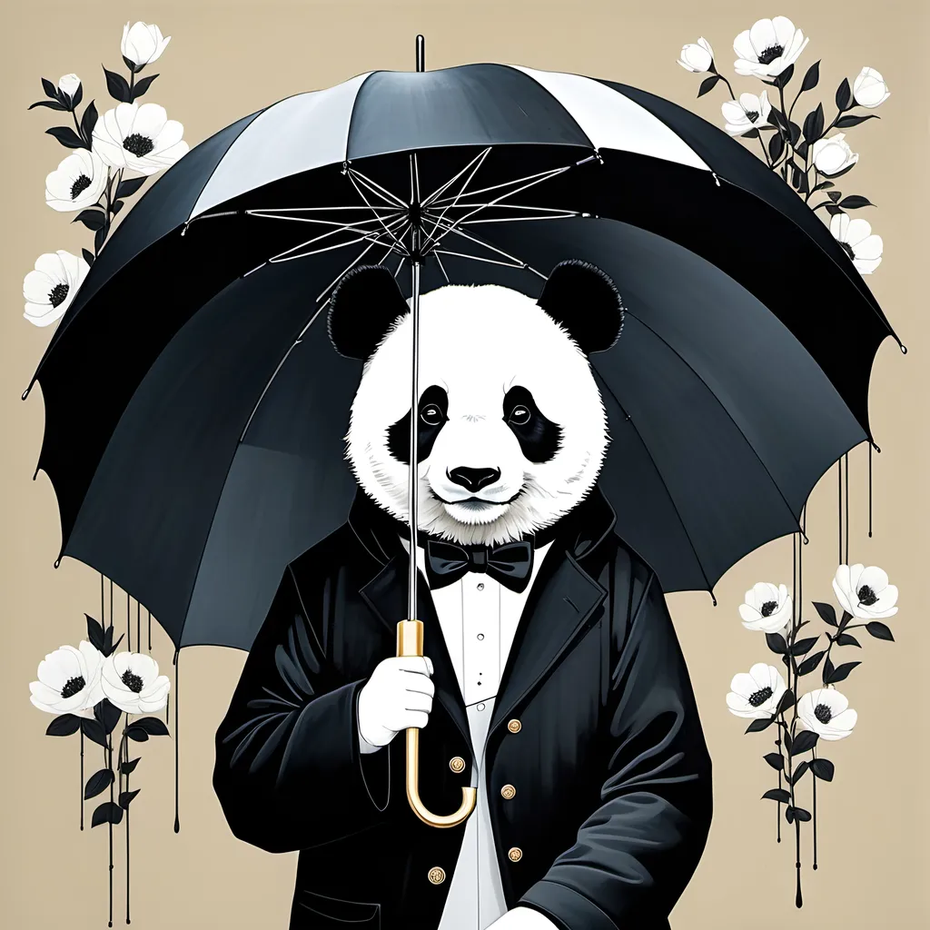 Prompt: illustration of a panda holding an umbrella, in the style of surrealist-inspired works, gothic neo-pop surrealism, Hayv Kahraman, Anselm Kiefer, Jamie Heiden, Lotta Jansdotter, dark white and black, rain, metropolis with flowers background , jewelry by painters and sculptors, vienna secession, elegant, emotive faces, bubble goth, subtle playfulness