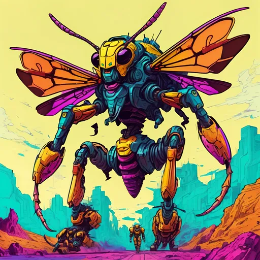 Prompt: Giant hornet mech hunting some poor souls.
Science Fiction, Retrofuturism, Body horror, Cosmic Horror, Fine inking, Clean linework, comic illustration, flat shading, Colour transitions, Maximalism, Beautifully illustrated forms, beautiful background scenery, Warm and cold colour mix, Triadic colour palette, Dark vibrancy, Complexity, Storytelling, Dynamic Poses, High quality, Sharp focus, Tight colour range, Full scene, Filmic, 