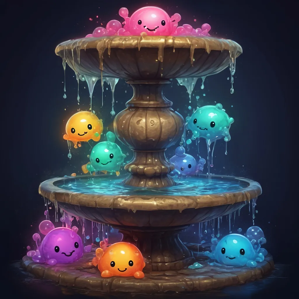 Prompt: A four-way fountain each side filled with strange glowing dancing slimes in many colors, in zen tangle art style
