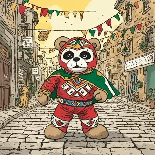 Prompt: a teddy bear dressed as a mexican masked wrestler, he is surrounded by an old cobblestone city background.
<mymodel>