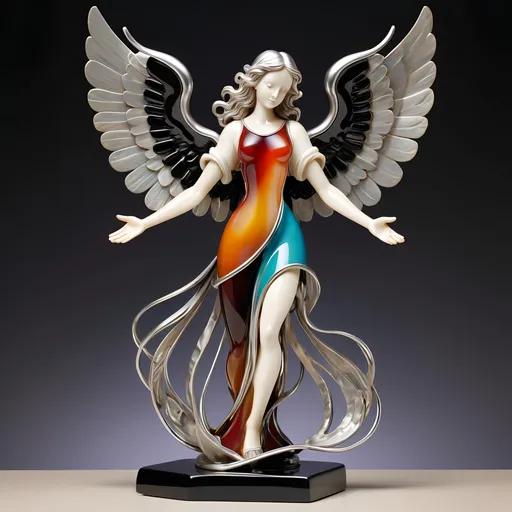 Prompt: Abstract metal tabletop sculpture in the shape of a biblical angel, platinum and onyx, bright solid colored background, high quality, metallic, modern, vibrant colors, detailed textures, professional lighting