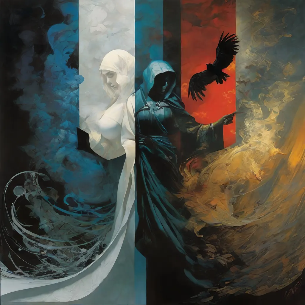 Prompt: hot vs cold , good vs evil, dark ambience ,dave mckean 