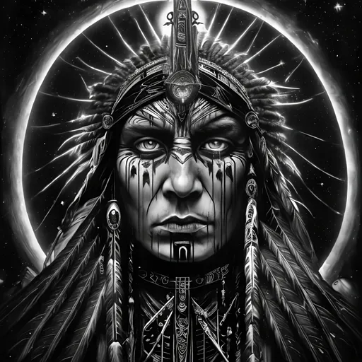 Prompt: Center, Blue Moon, Divine, all-seeing native American, protector of all, symbolism, gothic painting, black and white, cosmic order, transcendence, detailed eyes, intricate symbolism, high res, ultra-detailed, gothic, cosmic, monochrome, intense gaze, majestic, atmospheric lighting