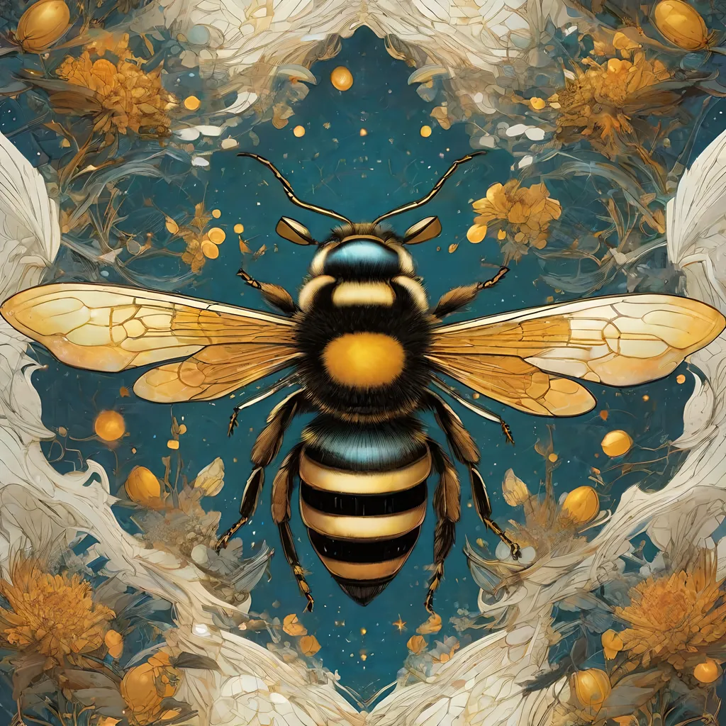 Prompt: killer bees on the swarm, starry sky, highly detailed, intricate motifs, organic tracery, perfect composition, digital painting, artstation, concept art, smooth, sharp focus, illustration, Carne Griffiths,  Victo ngai, Jean Baptiste Monge, shiny aura, old but robust, bright but deep 