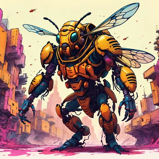 Prompt: Giant honeybee mech hunting some poor souls.
Science Fiction, Retrofuturism, Body horror, Cosmic Horror, Fine inking, Clean linework, comic illustration, flat shading, Colour transitions, Maximalism, Beautifully illustrated forms, beautiful background scenery, Warm and cold colour mix, Triadic colour palette, Dark vibrancy, Complexity, Storytelling, Dynamic Poses, High quality, Sharp focus, Tight colour range, Full scene, Filmic, 