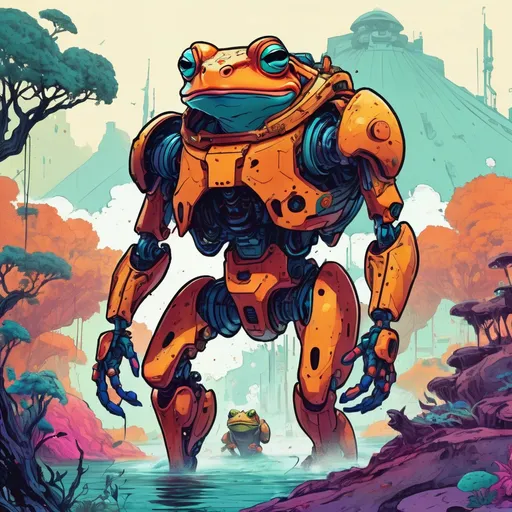 Prompt: Giant frog mech hunting some poor souls.
Science Fiction, Retrofuturism, Body horror, Cosmic Horror, Fine inking, Clean linework, comic illustration, flat shading, Colour transitions, Maximalism, Beautifully illustrated forms, beautiful background scenery, Warm and cold colour mix, Triadic colour palette, Dark vibrancy, Complexity, Storytelling, Dynamic Poses, High quality, Sharp focus, Tight colour range, Full scene, Filmic, 