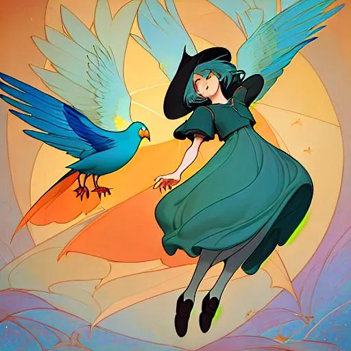 Prompt: In style of christian Schloe and daria Petrilli, a giant colorful bird flying with a beautiful cute girl with a very long and wild  ombre gradient blue hair on its back in a beautiful starry sky. Craquelure, egg tempera effect, Naive art, extremely detailed, optical illusion, oil painting 