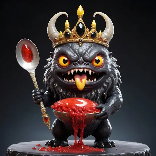 Prompt: A round behemoth with racing red slime-like skin and a yellow tongue and evil eyes with a mane of black onyx crystals holding a oversized spoon, wearing a tiara in  magical art style