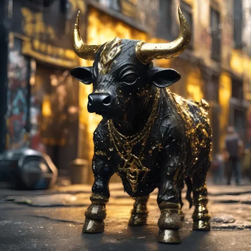 Prompt: A black and gold translucent dwarf bull humanoid made of black metal, graffiti all over it, standing up in the ghetto, highly detailed painting, photorealistic, sparkles, magical atmosphere, 8k