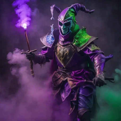 Prompt: A jester knight, colorful armor, unsettlingly strange, casting a spell, strange multicolored energy, dungeons and dragons, depth of field focused on the knight . Purple and green smoke.