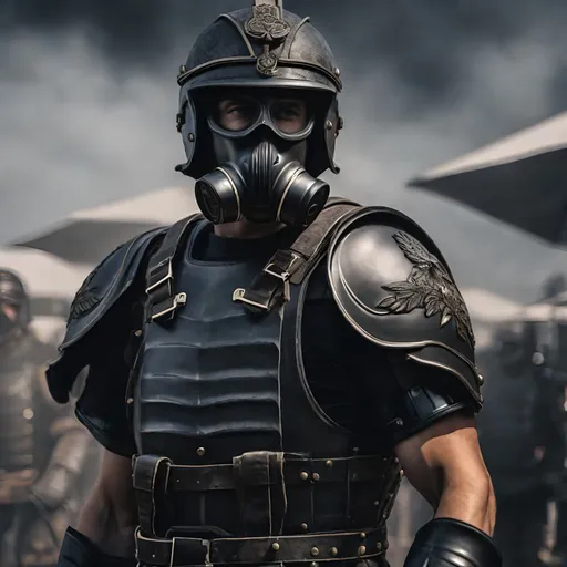 Prompt: A modern roman military male in black military armor galea helmet of roman armor, and gas mask, background military base, Hyperrealistic, sharp focus, Professional, UHD, HDR, 8K, Render, electronic, dramatic, vivid, pressure, stress, nervous vibe, loud, tension, traumatic, dark, cataclysmic, violent, fighting, Epic