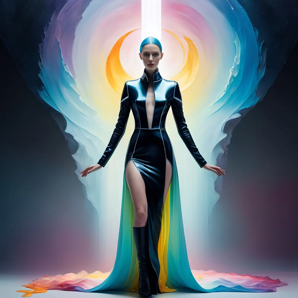 Prompt: high priestess, woman minimalism avangard, full body portrait, fashion model wearing colorful avant-garde outfit inspired by siphonophore designed by Mugler, fashion shoot in photographed by Mario Sorrenti, falling, highly detailed, lens flare emptiness of loss in a deep spiritual expression, a dark symbol of peaceful death, to carry in the bifrost of eternal time, sweetness of a subtle masterpiece of tranquility over cold and warmth. masterful impasto oil technique, ethereal background 