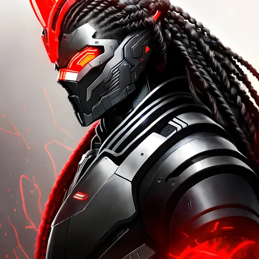 Prompt: lean black male with long braided hair and a scarred face, wearing silver biomechanical warframe armor. he is surrounded by glowing red mist. Behance HD, airbrush art