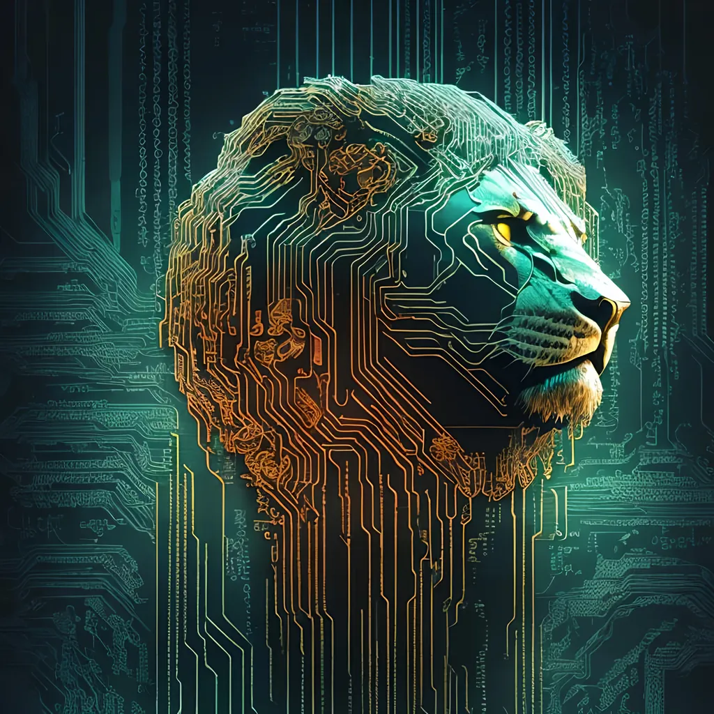 Prompt: Detailed cyberpunk illustration of a lion's head, intricate circuit board design, futuristic techno style, high-quality, ultra-detailed, cyberpunk, internet style, cool tones, intricate details, atmospheric lighting