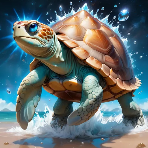 Prompt: Wizard turtle. Blue eyes. Water Elements. zoomed out view of character, 64k, hyper detailed, expressive, timid, graceful, beautiful, expansive silky mane, deep starry sky, golden ratio, precise, perfect proportions, vibrant, standing majestically on a tall crystal stone, hyper detailed, complementary colors, UHD, HDR, top quality artwork, beautiful detailed background, unreal 5, artstaion, deviantart, instagram, professional, masterpiece