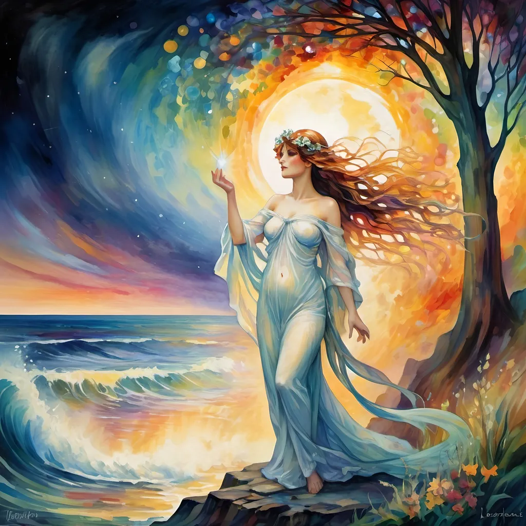 Prompt: alphonse mucha and leonid afremov style, fairytale moment, magical, various will-o'-the-wisp emerging from a bifrost, animal ghosts, is made in ink, gentle and good, beautiful, spiritual guides, folk-inspired illustrations, colorful, luminescent lightscapes, repeating pattern, celestialpunk, suffolk coast views, balinese 