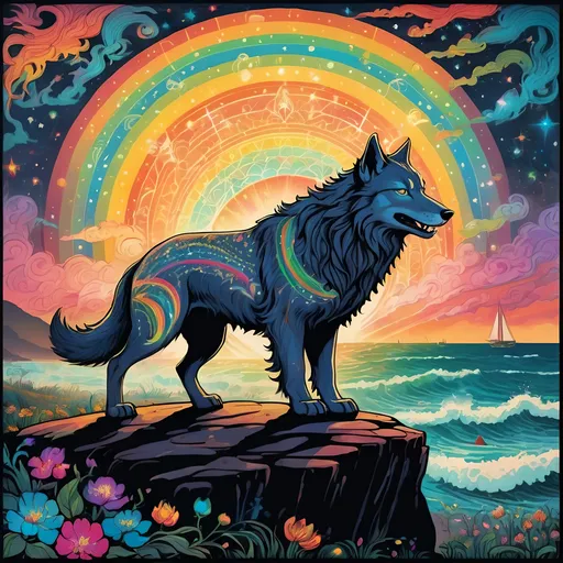 Prompt: fenrir over bifrost, in the style of 🌈 , folk-inspired illustrations, luminescent lightscapes, repeating pattern, celestialpunk, suffolk coast views, balinese 