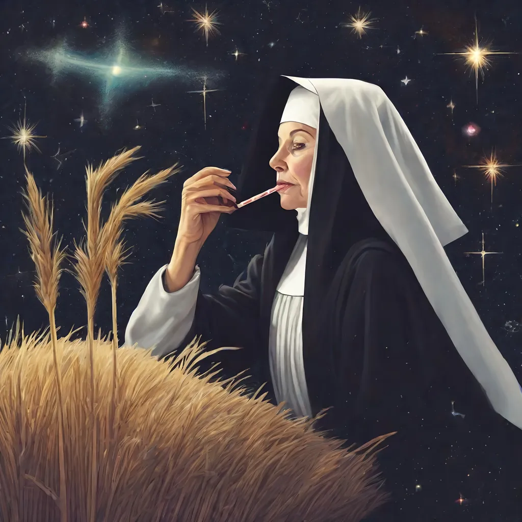 Prompt: nun sniffing galaxies and stars thru a straw.
