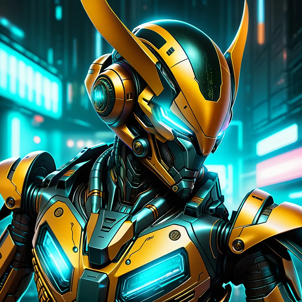 Prompt: Futuristic sci-fi illustration of a metallic hornet mech, sleek design, detailed metal textures, high-tech enhancements, intense and focused gaze, cool-toned lighting, urban cyberpunk setting, best quality, highres, ultra-detailed, sci-fi, futuristic, metallic, sleek design, detailed textures, intense gaze, cool-toned lighting, cyberpunk