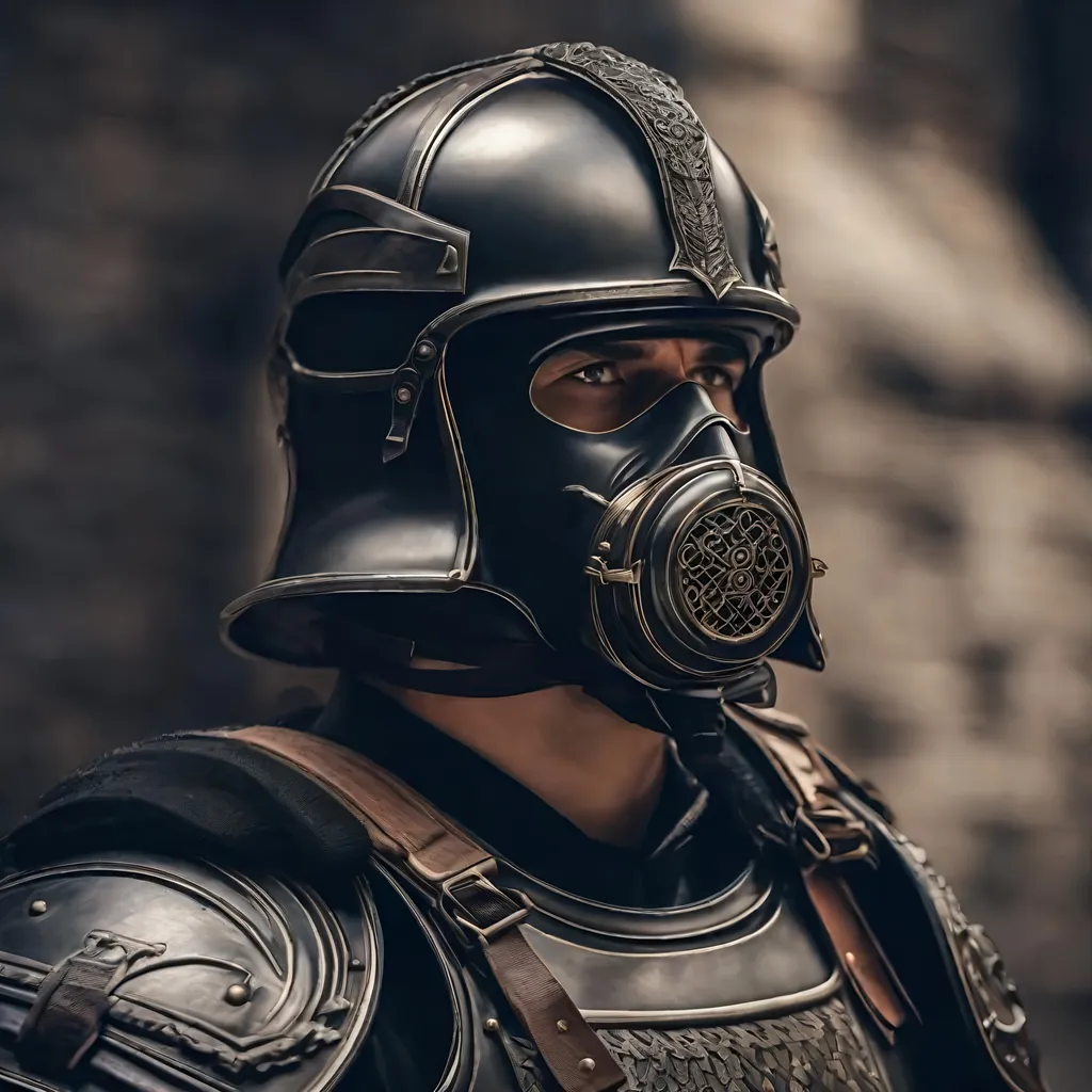 Prompt: A modern roman military male in black military armor galea helmet of roman armor, and gas mask, background military base, Hyperrealistic, sharp focus, Professional, UHD, HDR, 8K, Render, electronic, dramatic, vivid, pressure, stress, nervous vibe, loud, tension, traumatic, dark, cataclysmic, violent, fighting, Epic