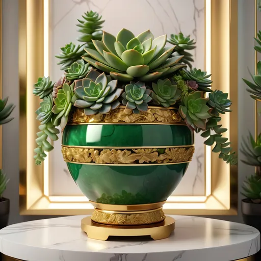 Prompt: Giant jade and gold pot with succulents inside, luxurious gold and emerald tones, realistic 3D rendering, detailed succulent arrangement, intricate gold engravings, high quality, realistic, luxurious, gold and emerald tones, detailed succulents, 3D rendering, intricate design, opulent lighting