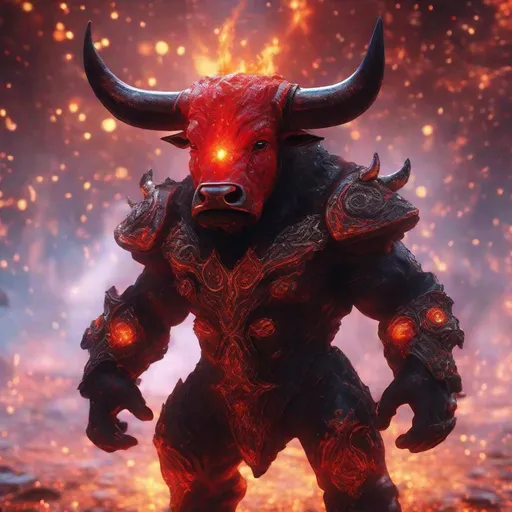 Prompt: A red and black dwarf bull humanoid made of the element fire with beautiful features surrounded by glowing embers, highly detailed painting, photorealistic, sparkles, magical atmosphere, 8k