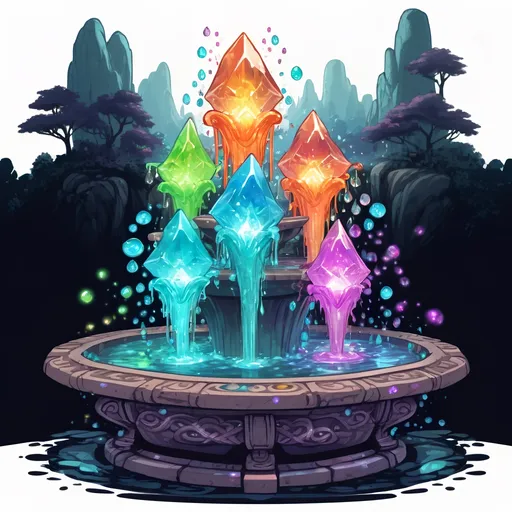 Prompt: A four-way fountain each side filled with strange glowing dancing crystal slimes in many colors, in zen tangle art style
