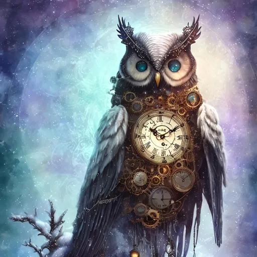 Prompt: ""<lora:Cosmic steampunk:1.0> Dreamy cloudy effect romantic very large white owl with icy snow background, sitting on a snow covered branch with icicles hanging from the branch, stylized, iridescent, intricate, fantastic, fantasia, fantasy, dreamy, watercolor, flared edges, beautiful bright white"