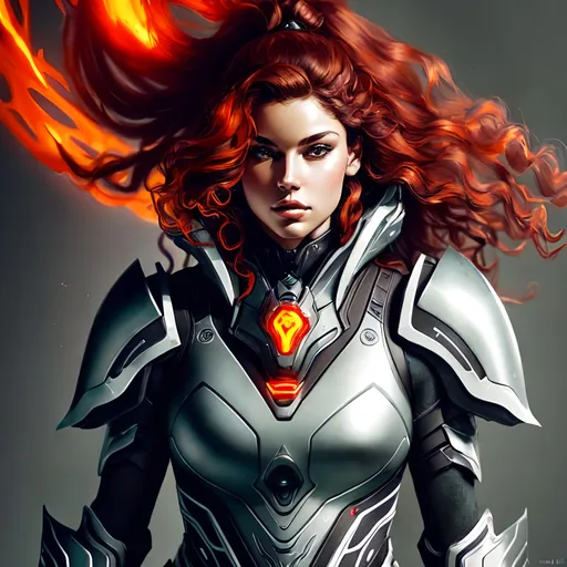 Prompt: lean Caucasian female with long curly brown hair and a scarred face, wearing silver biomechanical warframe armor. She is surrounded by glowing red mist. Behance HD, airbrush art